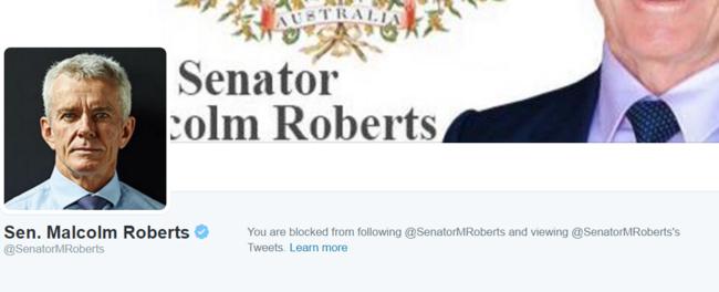 Screenshot from my Twitter account after Malcolm Roberts blacked me