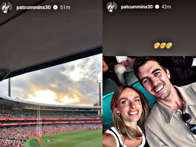 Pat Cummins at a Sydney Swans game while the Australian team tours. Picture: Instagram