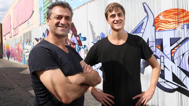 Eddie Tamir and son Benji at the site of the proposed Sparkly Bear Cinemas. Picture: Hamish Blair