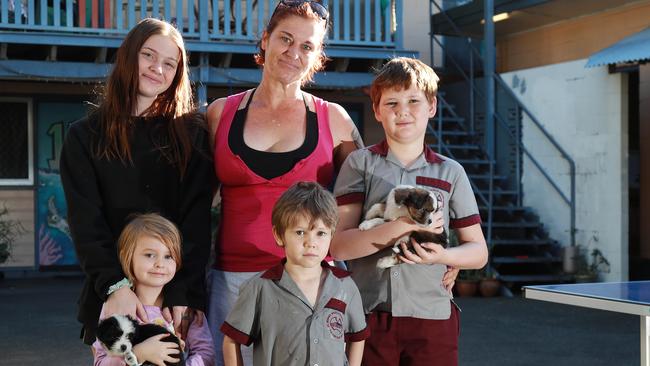 Many single parent families that cannot afford to rent privately have been living in the dormitory rooms. Beck Graham with her daughters Shannarah Graham, 13, and Keely Graham, 4, and her friend's sons Conner McEwan, 5, and Marcus McEwan, 9. Picture: Brendan Radke