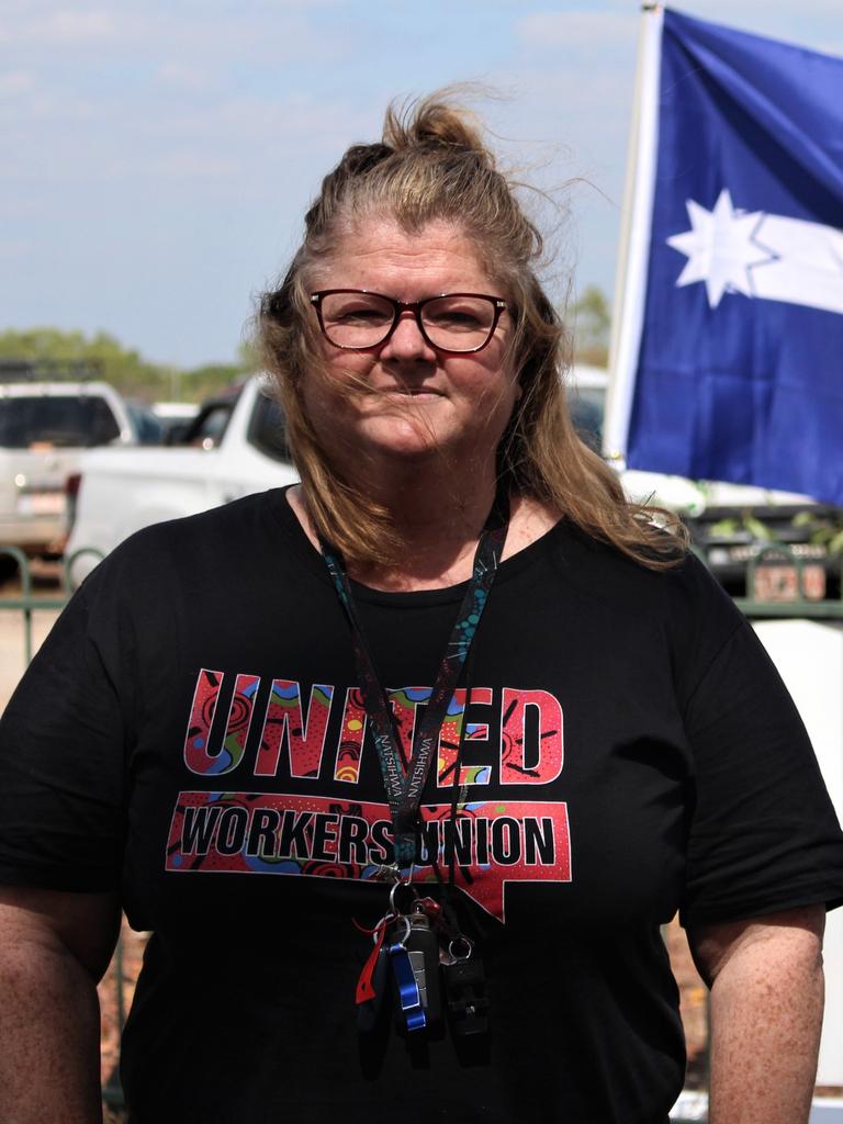 United Workers Union NT branch secretary Erina Early with Darwin Correctional Centre prison workers taking protected industrial action on Monday, July 18 2022. Picture: Jason Walls