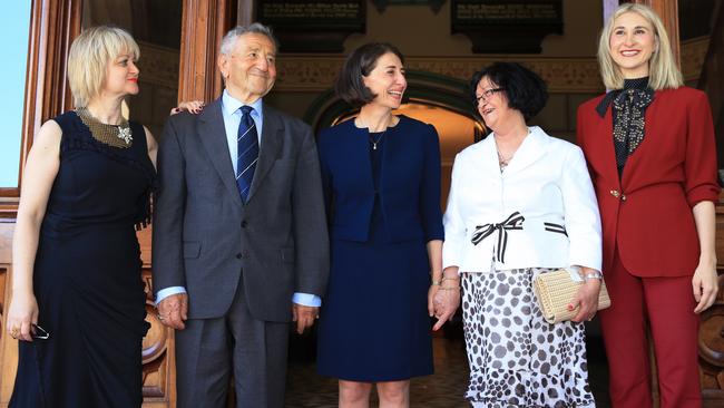 Ms Berejiklian with her sisters Rita and Mary and parents Krikor and Arsha at her swearing in as NSW Premier at Government House last year. Picture: Toby Zerna