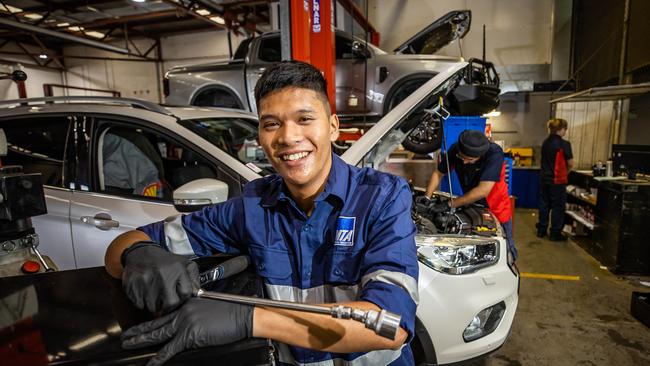 Motor mechanic apprentice Jed Santos at Jarvis Ford, Trinity Gardens, is one of the young workers benefiting from government grants to support apprenticeships and address the state’s skills shortage. Picture: Tom Huntley