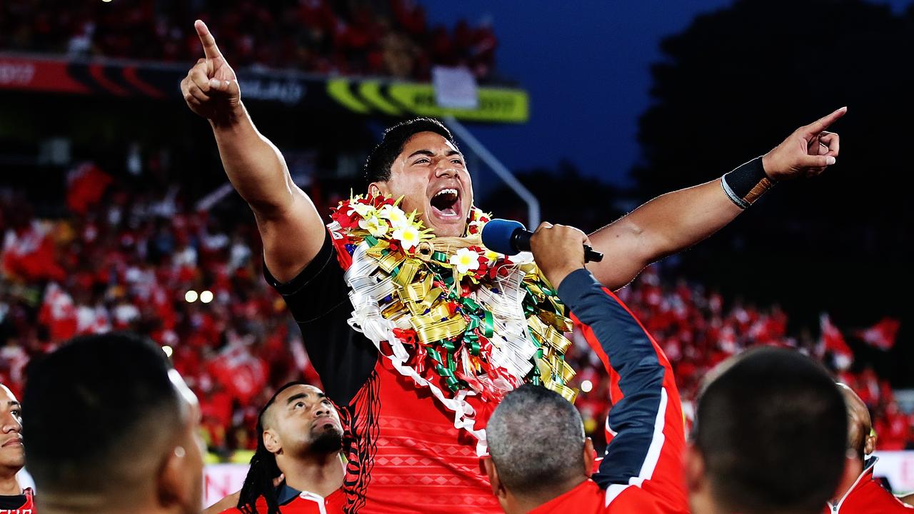 Jason Taumalolo of Tonga leads the Sipi Tau