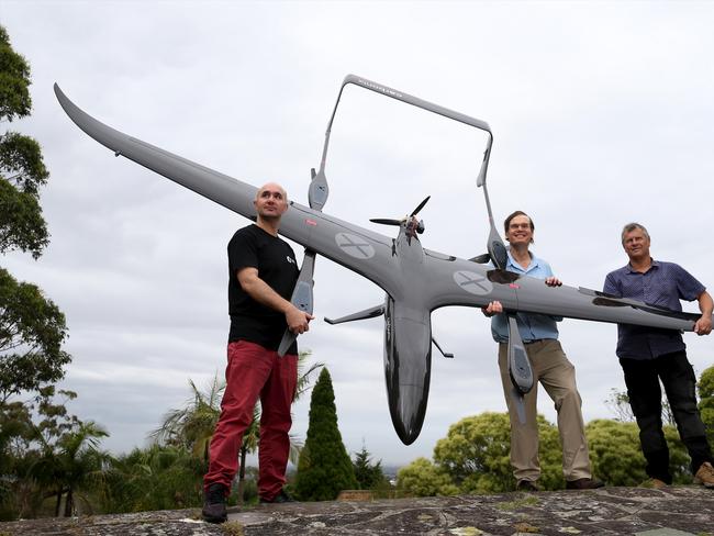 Drone company Carbonix founder and CTO Dario Valenza, Flight control software specialist and leader of Ardupilot project, Andrew Trigell and Rural Fire Service (RFS) representative Rohan.