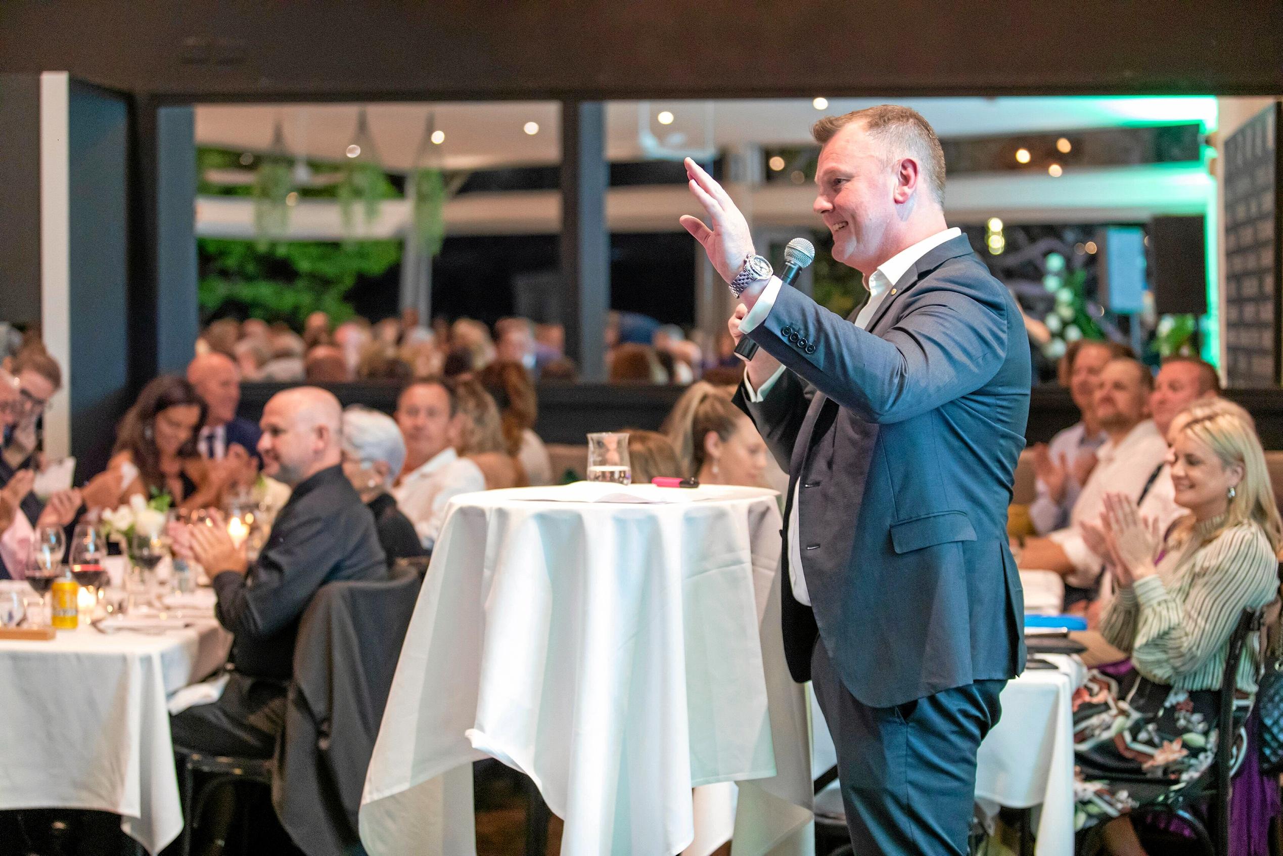 Anthony Bell of the Loyal Foundation speaks at the Reed & Co Estate Agents inaugural Charity Gala at Noosa Waterfront Restaurant to raise funds for vital paediatric medical equipment for Noosa, Gympie, Nambour and Sunshine Coast University Hospitals. Picture: Jason Smith Photography