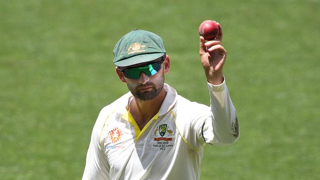 Nathan Lyon celebrates his six-wicket haul at Adelaide Oval yesterday. Picture: Getty Images