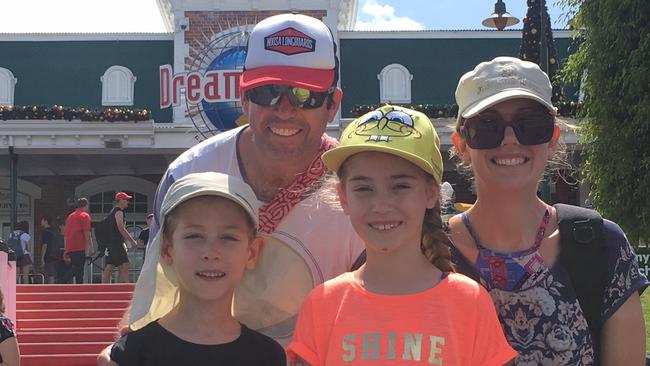 Shellie Laverey and her family, including jake and Chloe, are visiting Dreamworld from Wollongong, NSW.