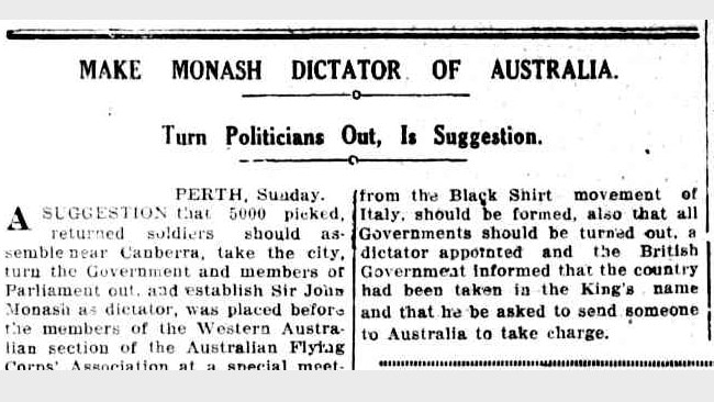 A 1931 newspaper article detailing the suggestion to make Monash dictator of Australia.