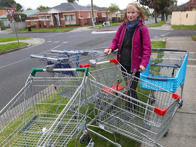 Mentone's Carmel Chamier, a trolley vigilante. Wednesday, Sept 13. 2017. She has been campaigning about abandoned trolleys around Southland Shopping Centre where trolley dumping is rife. Picture: David Crosling