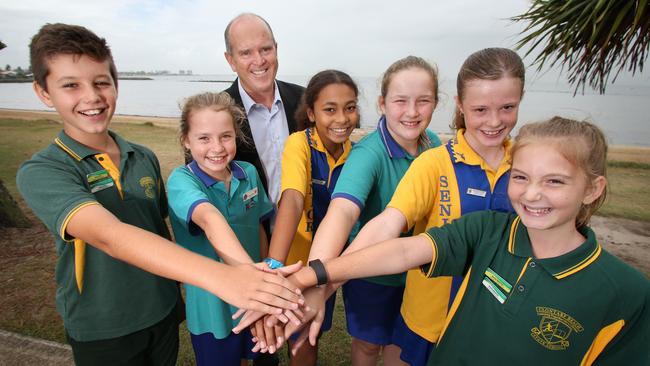 Sean Gordon is launching Kids Give in Redcliffe. The program encourages school kids to come up with a plan to help others. They develop the plan and fundraise. Harry Cox, Tilly Hill, Sean Gordon, Adjoa Sam, Lilly Stafford, Grace Trelour, Molly Wearne. Picture: Chris Higgins