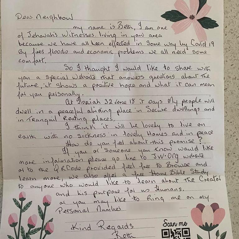 Jehovah’s Witnesses send handwritten letter to Perth home The Advertiser