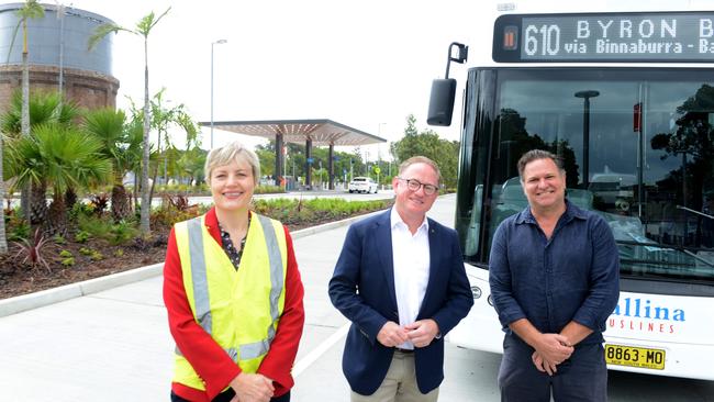 Transport for NSW executive director of transport partnerships Barbara Wise, Ben Franklin MLC and Byron mayor Simon Richardson at the opening of the new Byron Bus Interchange on Monday, April 26, 2021. Picture: Liana Boss