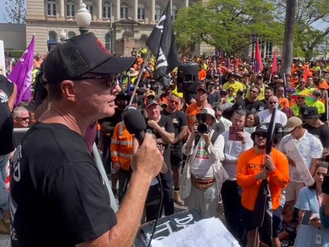 Micahel Ravbar speaking at Tuesday's massive CFMEU protests.