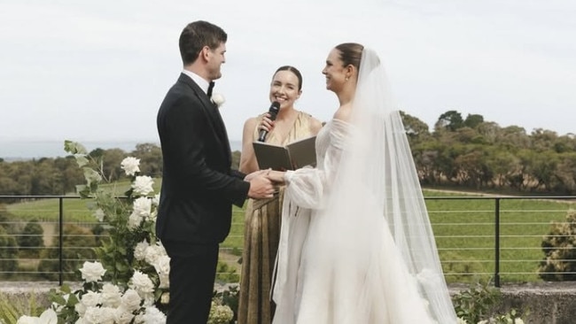 Angus Brayshaw and Danielle Frawley wed at Port Phillip Estate on the Mornington Peninsula. Picture: Dear Fiore Photography