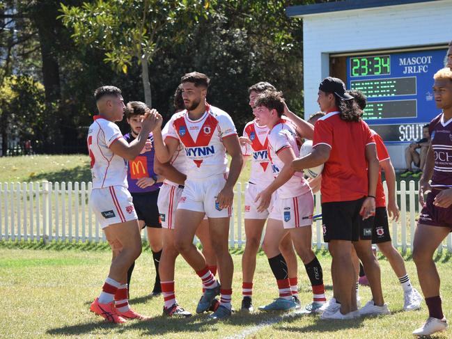 Dragons celebrate a try in the SG Ball Cup. Picture: Sean Teuma/NewsLocal