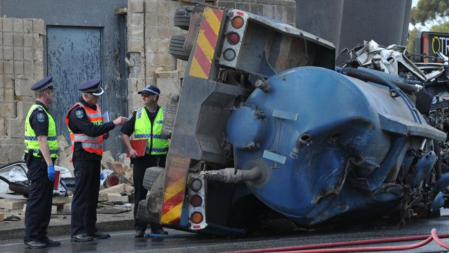 The tanker that crashed into several cars at the bottom of the freeway after losing control in 2014. Two people died. Picture Roger Wyman