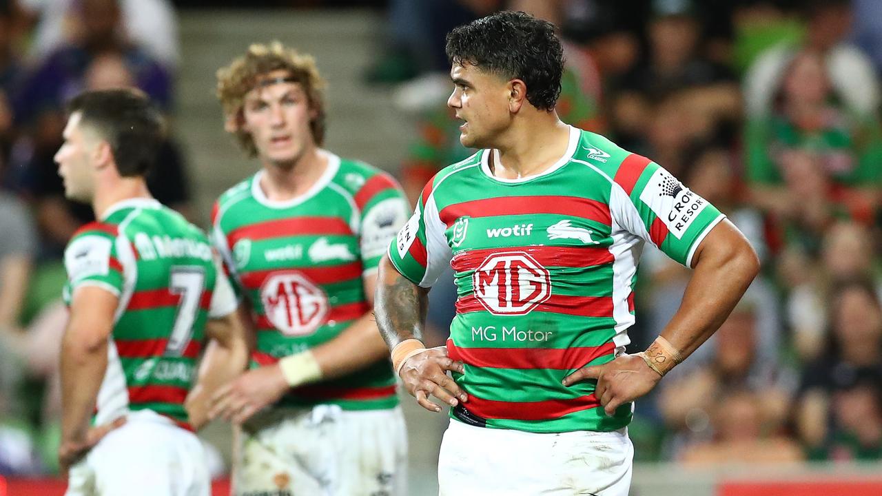 MELBOURNE, AUSTRALIA - MARCH 17: Latrell Mitchell of the Rabbitohs looks on during the round two NRL match between the Melbourne Storm and the South Sydney Rabbitohs at AAMI Park, on March 17, 2022, in Melbourne, Australia. (Photo by Kelly Defina/Getty Images)