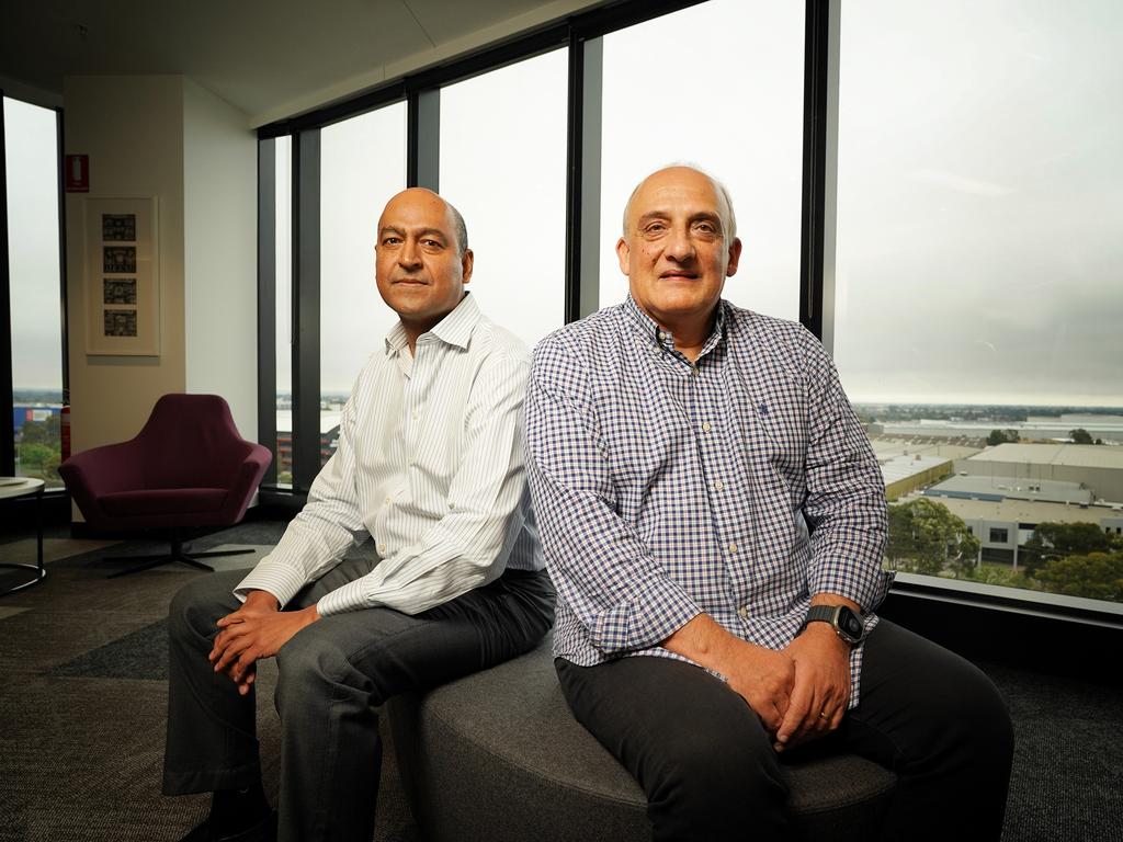 Vikesh Ramsunder, managing director and CEO of Sigma Healthcare, and Chemist Warehouse co-founder Mario Verrocchi announced the plan merger in December. Picture: NCA NewsWire / Luis Enrique Ascui
