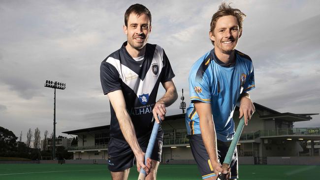 Hockey, Vaughn Bowen (DER) and James Bourke (NWG) at New Town. Picture Chris Kidd