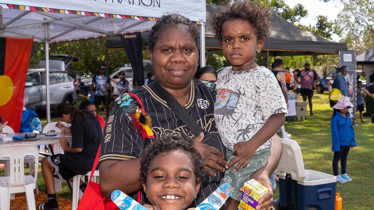 Shay Gumbula, Ishnae and Zayden Dhamarrandji at the Charles Darwin University Darwin NAIDOC Family Fun Day at University Pirates Rugby Union Oval, Casuarina. Picture: Pema Tamang Pakhrin