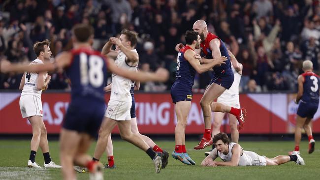 The Demons celebrate on the final siren. Picture: Darrian Traynor/Getty Images