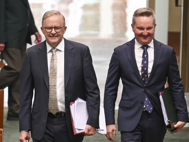 CANBERRA, AUSTRALIA, NewsWire Photos. MARCH 19, 2024: Climate Change and Energy Minister Chris Bowen and Prime Minister Anthony Albanese during Question Time at Parliament House in Canberra. Picture: NCA NewsWire / Martin Ollman