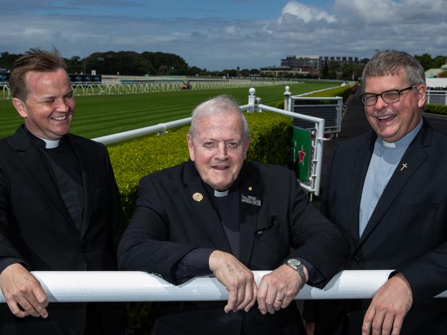 Embargoed for Monday 14 December 2020.  Fr Thomas Stevens, Brother Dan Stafford and Rev. Colin Watts, at Randwick Racecourse today.Randwick racing icon Brother Dan Stafford has crossed the finish line after 20 years as the race course's 's well-loved and longtime chaplain. Picture:Justin Lloyd.