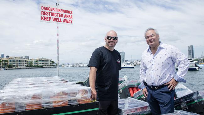 Mayor Tom Tate with Skylighter Fireworks Nick Kozij ahead of Gold CoastÃs New YearÃs Eve celebrations and fireworks displays.Picture: Glenn Campbell