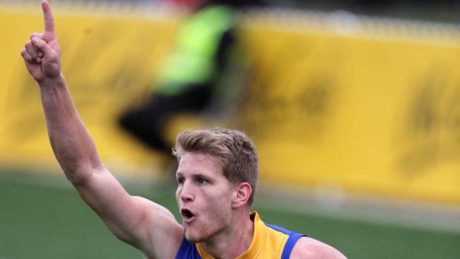 Williamstown’s Nick Ebinger celebrates a goal in last year’s grand final.