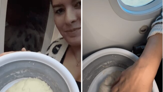 An influencer has caused a stir online for baking on a flight. Images: Instagram / @leafandloafco