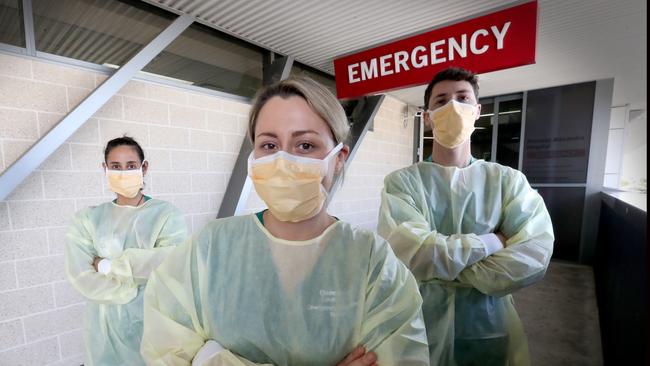 Sarah Borg, Claire Ward and John Ash are frontline COVID-19 healthcare workers. Picture: Jamie Hanson