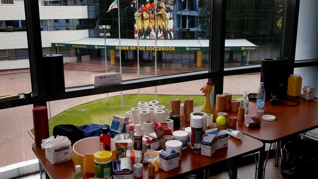 A table of tape and medical supplies in the physio room. Picture: Toby Zerna