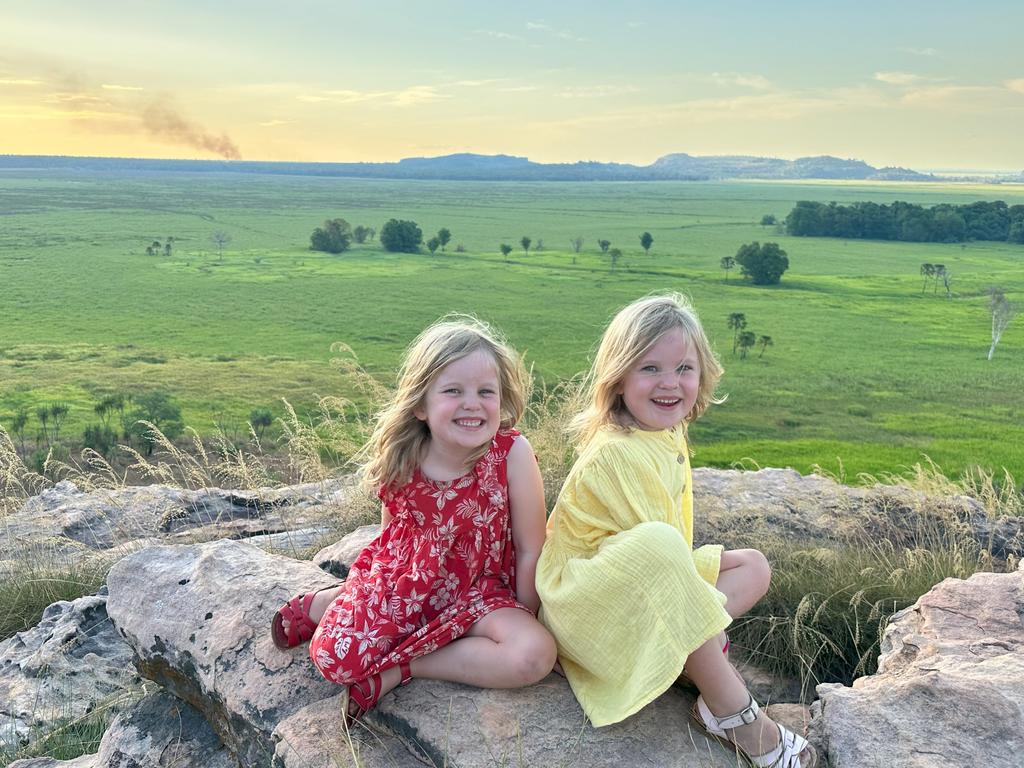 The twins enjoying sunset at Kakadu. Picture: Supplied