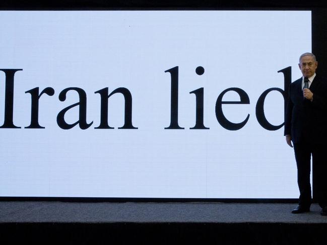 Israeli Prime Minister Benjamin Netanyahu presents material on Iranian nuclear weapons development during a press conference in Tel Aviv, Monday, April 30 2018. Netanyahu says his government has obtained 
