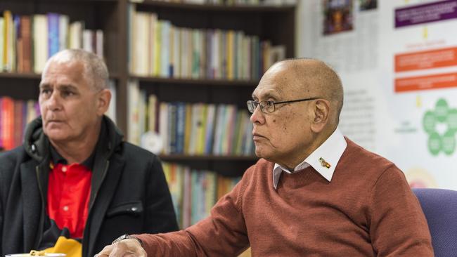 Garulbo committee member Tyrone Pearce (left) and Haniff Abdul Razak of Pure Land Learning College finalise details for the First Nation Conference, Monday, July 5, 2021. Picture: Kevin Farmer