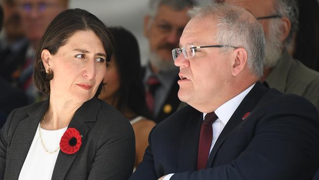 Australian Prime Minister Scott Morrison and NSW Premier Gladys Berejiklian at a Remembrance Day Service in Martin Place, Sydney in 2019. Picture: Dean Lewins