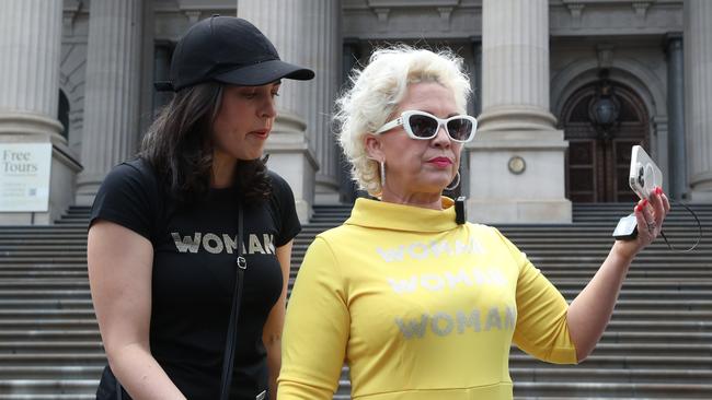 Ms Deeming (left) addressed far-right activist Kellie-Jay Keen’s rally in front of the Victorian parliament on March 18 last year. Picture: NCA NewsWire / David Crosling