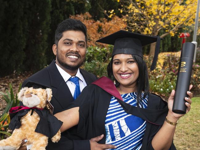 Bachelor of Construction graduate Chanchala Rodrigo with husband Ravindu Lowe at a UniSQ graduation ceremony at The Empire, Tuesday, June 25, 2024. Picture: Kevin Farmer