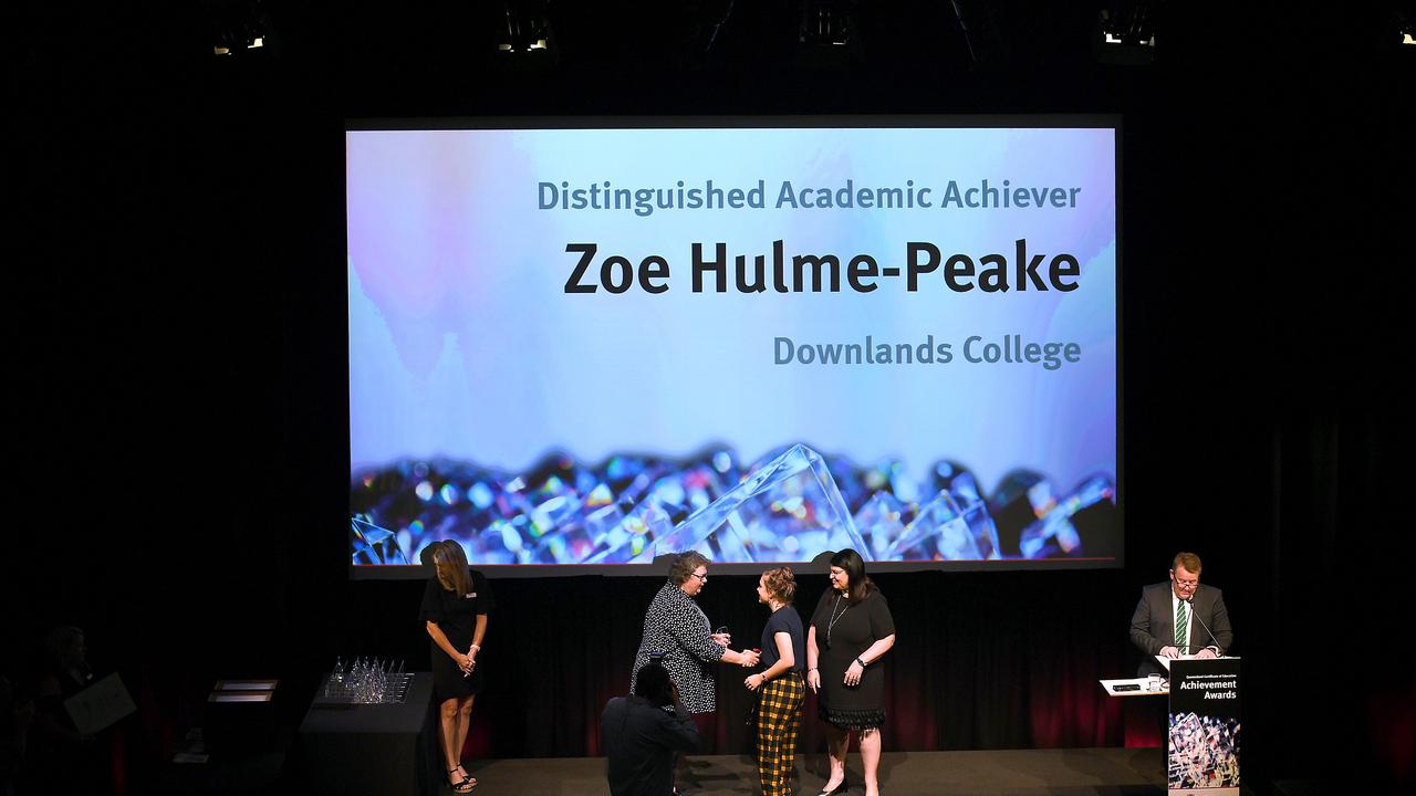 Zoe Hulme-Peake reciving an award at the QCE Awards presentation. Picture: AAP/John Gass