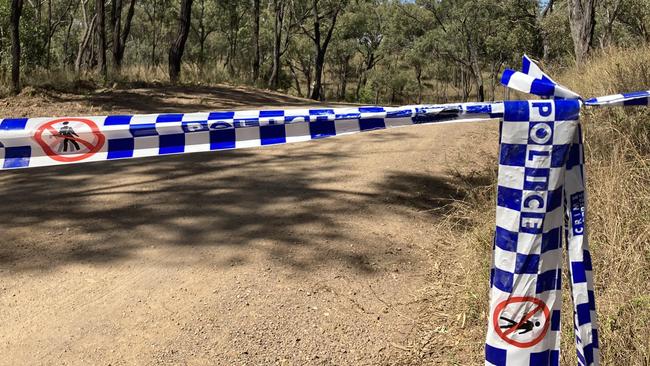 Picture of police tape sealing off Shannonvale Rd about 3km from crime scene which saw Mervyn and Maree Schwarz along with Graham Tighe shot and killed and the wounding of Ross Tighe at Bogie, Central Queensland