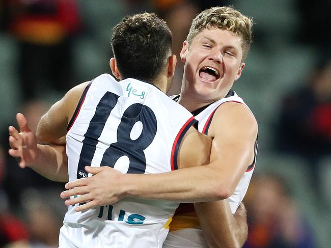 AFL - Tuesday, 1st September, 2020 - Hawthorn v Adelaide Crows at the Adelaide Oval. Adelaide's Shane McAdam celebrates his goal in the 3rd  - celebrating with Adelaide's Tyson Stengle Picture: Sarah Reed