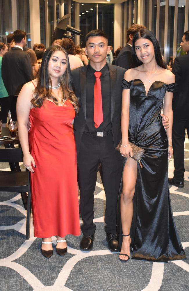 Pitchayapa Sasanasubin, Sokheng Mao and Mi Phetrat at the 2022 Nambour State College formal. Picture: Eddie Franklin