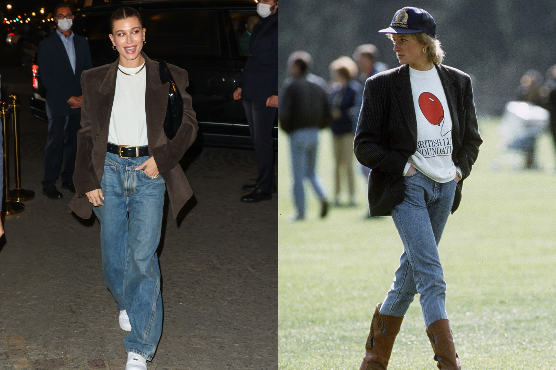 <h3>Hailey Bieber</h3><p>Princess Diana&rsquo;s nonchalant late 90s wardrobe has become an incredibly timeless approach to style, which the likes of <a href="https://www.vogue.com.au/celebrity/interviews/hailey-bieber-justin-bieber/news-story/f69a79f138d4c13e9524bc472191d5cb" target="_blank" rel="noopener">Hailey Bieber</a> have seized as the perfect inspiration for an off-duty supermodel look. This chic street-style formula of an oversized blazer, white t-shirt and casual denim jeans is the epitome of casual sophistication, and is an outfit which Princess Diana herself famously wore at a polo club in 1988. Styled with boots like Lady Di or sneakers like Bieber, this oversized blazer look has been copied and pasted into the current cultural dress book and blends in seamlessly.</p>