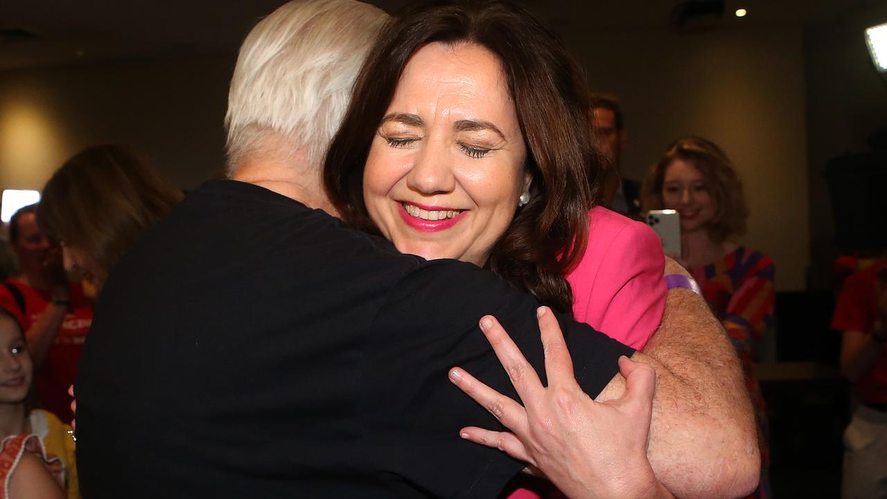BRISBANE, AUSTRALIA - OCTOBER 31: Queensland Premier Annastacia Palaszczuk hugs her father Henry as she arrives to her polling party in Inala, on October 31, 2020 in Brisbane, Australia. Labor premier Annastacia Palaszczuk has claimed Victory in the 2020 Queensland State Election, against the Liberal National party led by Deb Frecklington. A record number of Queenslanders voted early ahead of election day, due to the COVID-19 pandemic. (Photo by Jono Searle/Getty Images)