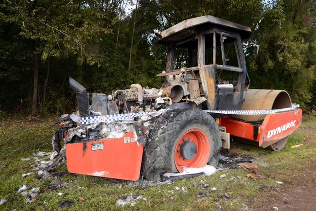 A Lismore City Council roller was destroyed by fire on Winterton Parade, Lismore, near the racecourse. . Picture: Cathy Adams