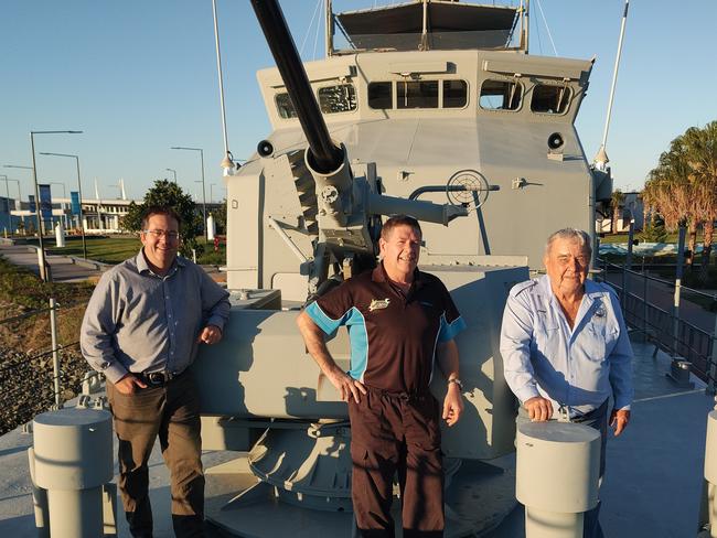 Queensland Senator James McGrath, LNP candidate for Gladstone Ron Harding and Gladstone Maritime Museum president Lindsay Wassell on board the HMAS Gladstone. Picture: Rodney Stevens