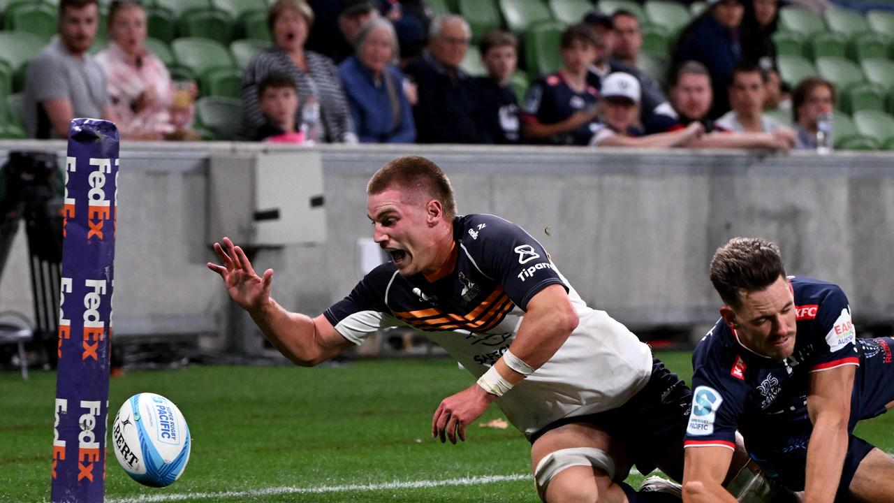 Brumbies' Charlie Cale scores a try against the Rebels' last week.