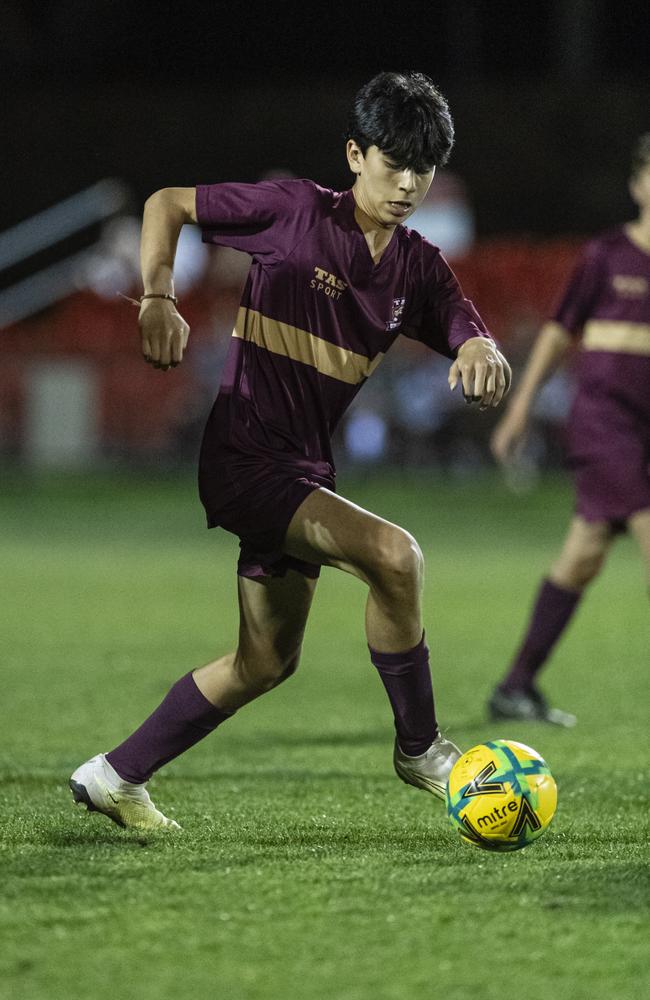 Joseph Page of TAS United against Willowburn in Football Queensland Darling Downs Community Juniors U13 Junior League grand final at Clive Berghofer Stadium, Friday, August 30, 2024. Picture: Kevin Farmer