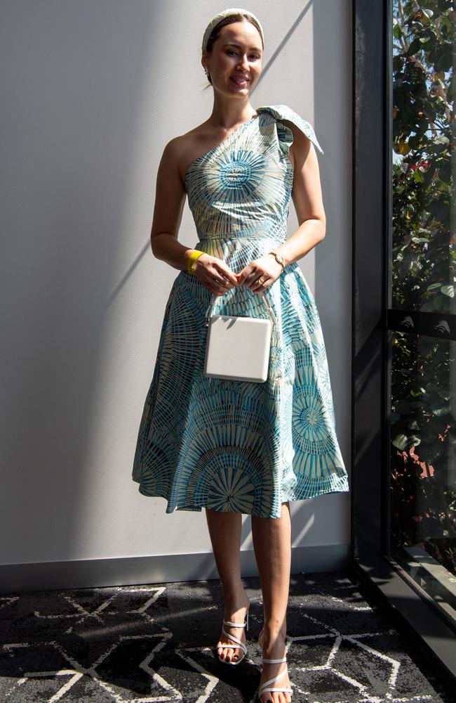 Chloe Moo wears Raw Cloth print at the 2024 Darwin Guineas kicking off the Darwin Cup Carnival. Picture: Pema Tamang Pakhrin